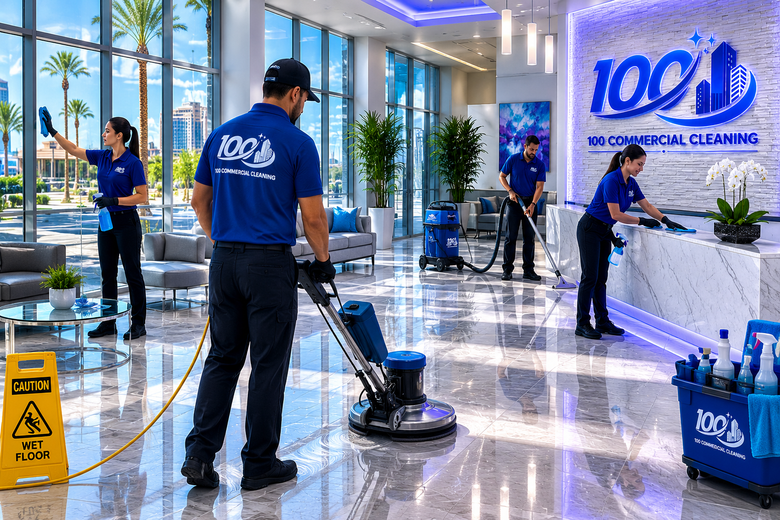 100 Commercial Cleaning team cleaning a Phoenix office lobby