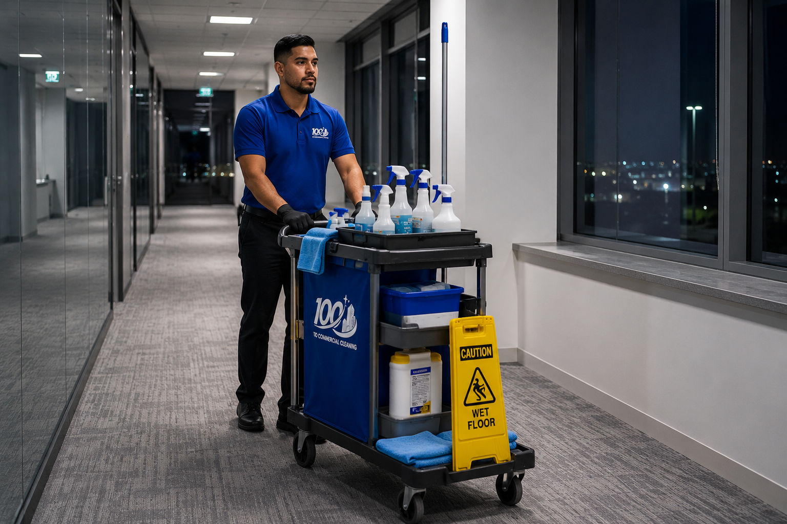 100 Commercial Cleaning technician servicing an office corridor